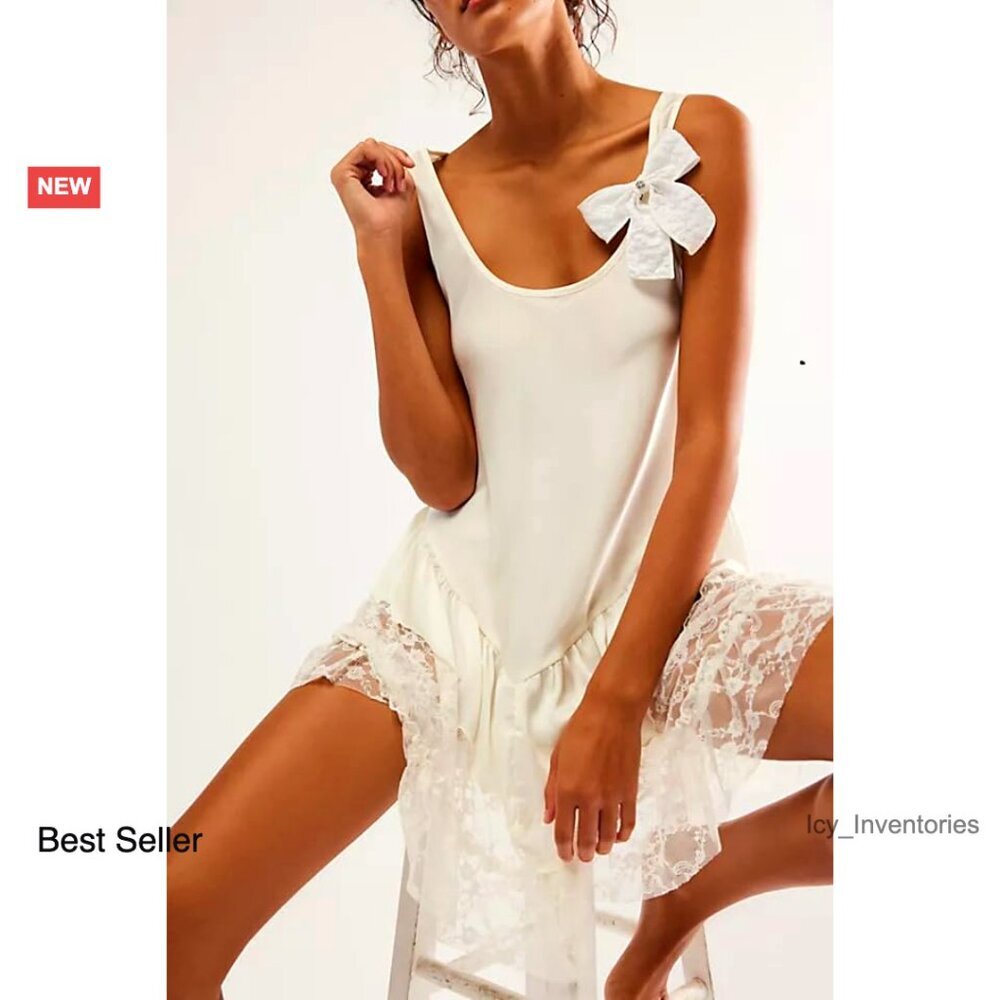 Satin Lace Mini Slip Dress Tiered Drop Waist Babydoll Sleeveless Flowy - Picture 2 of 7